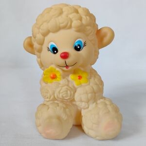 Vintage Squeaky Toy Lamb Holding Yellow Flowers Baby Sheep Rubber Squeaking Toy